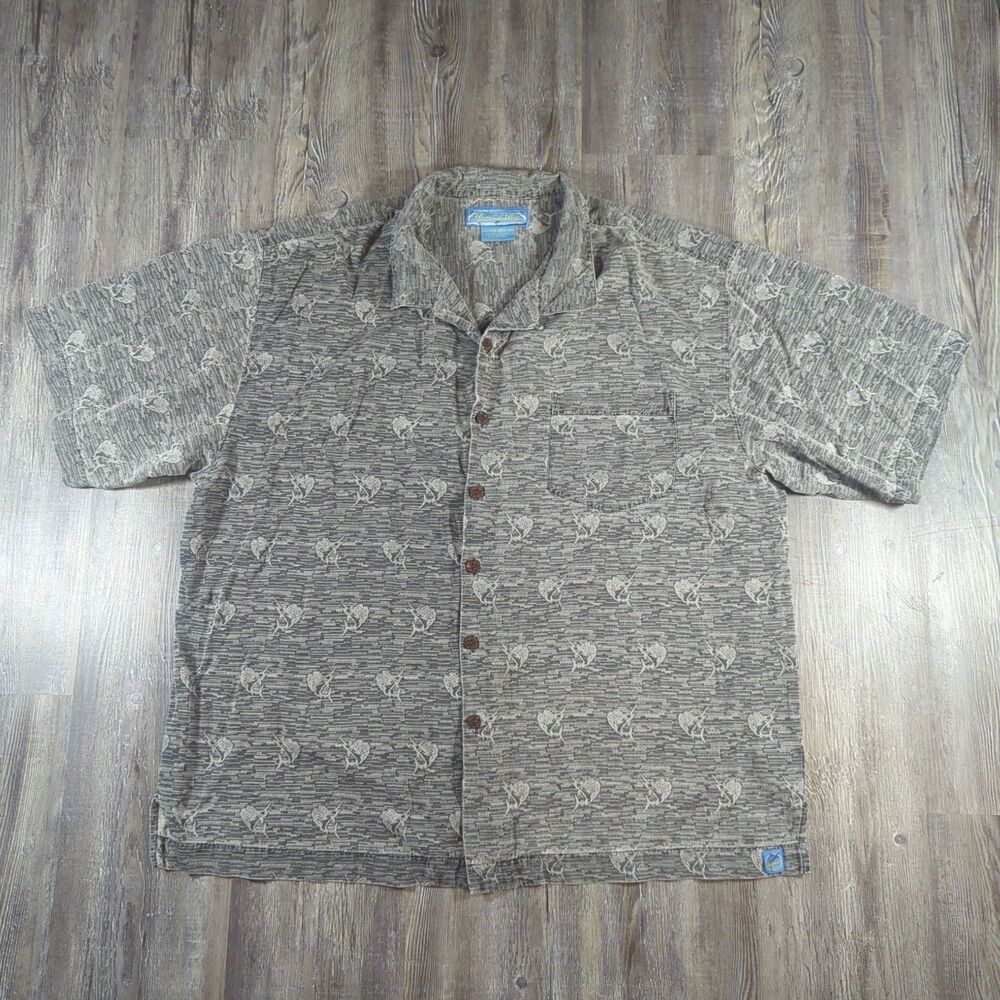 Bermuda Bay Shirt Mens 2XL Extra Large Grey 100% Silk Swordfish All Over Button